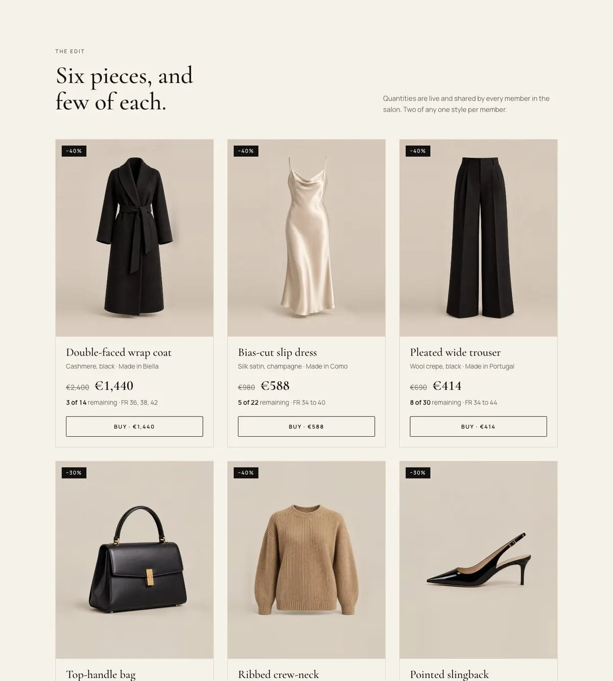 Private Salon Sale template — Pieces section
