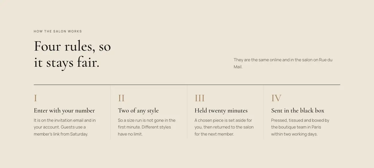 Private Salon Sale template — How the salon works Four rules section