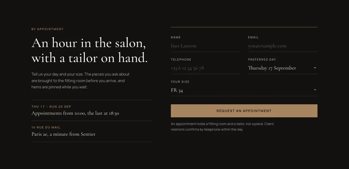 Private Salon Sale template — Appointment section