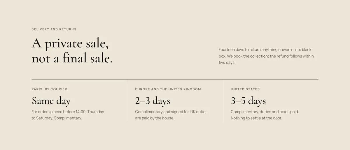 Private Salon Sale template — Delivery section