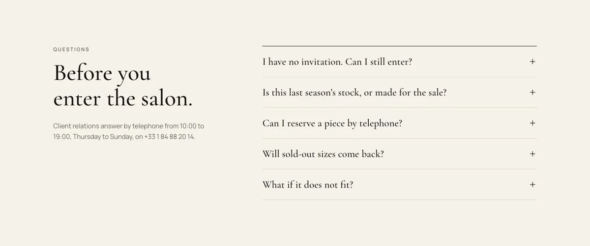 Private Salon Sale template — Questions section