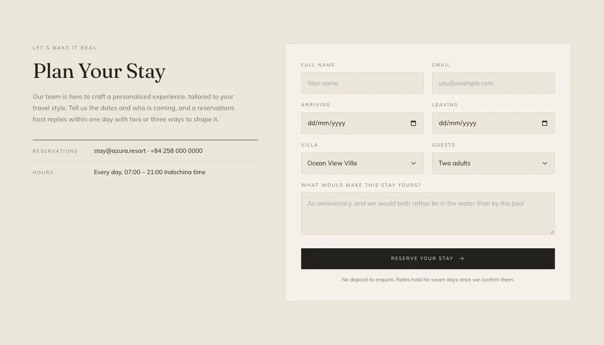 Hotel Booking Platform template — Reserve section