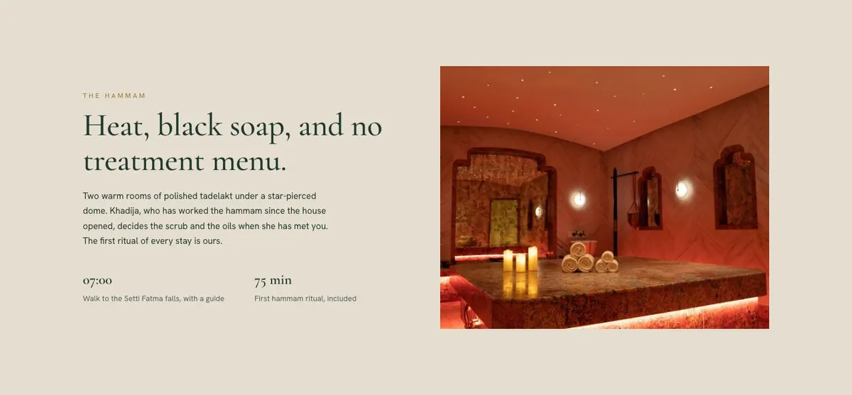 Quiet Luxury Stay template — The hammam Heat, black soap, and section