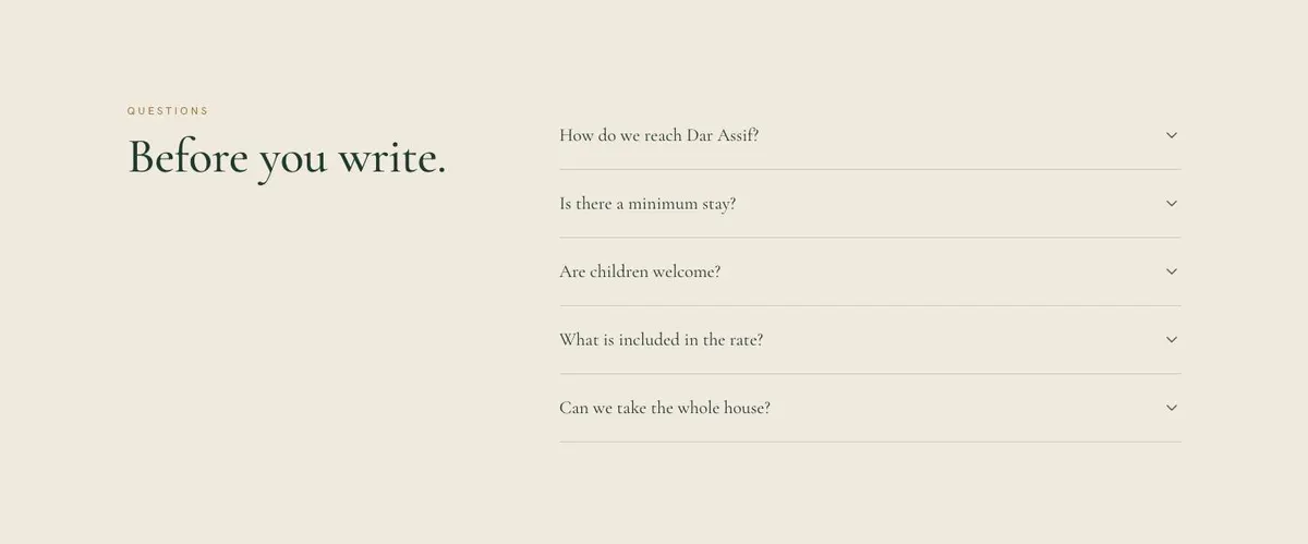 Quiet Luxury Stay template — Questions section