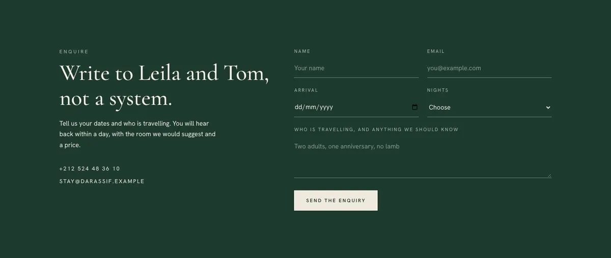 Quiet Luxury Stay template — Contact section