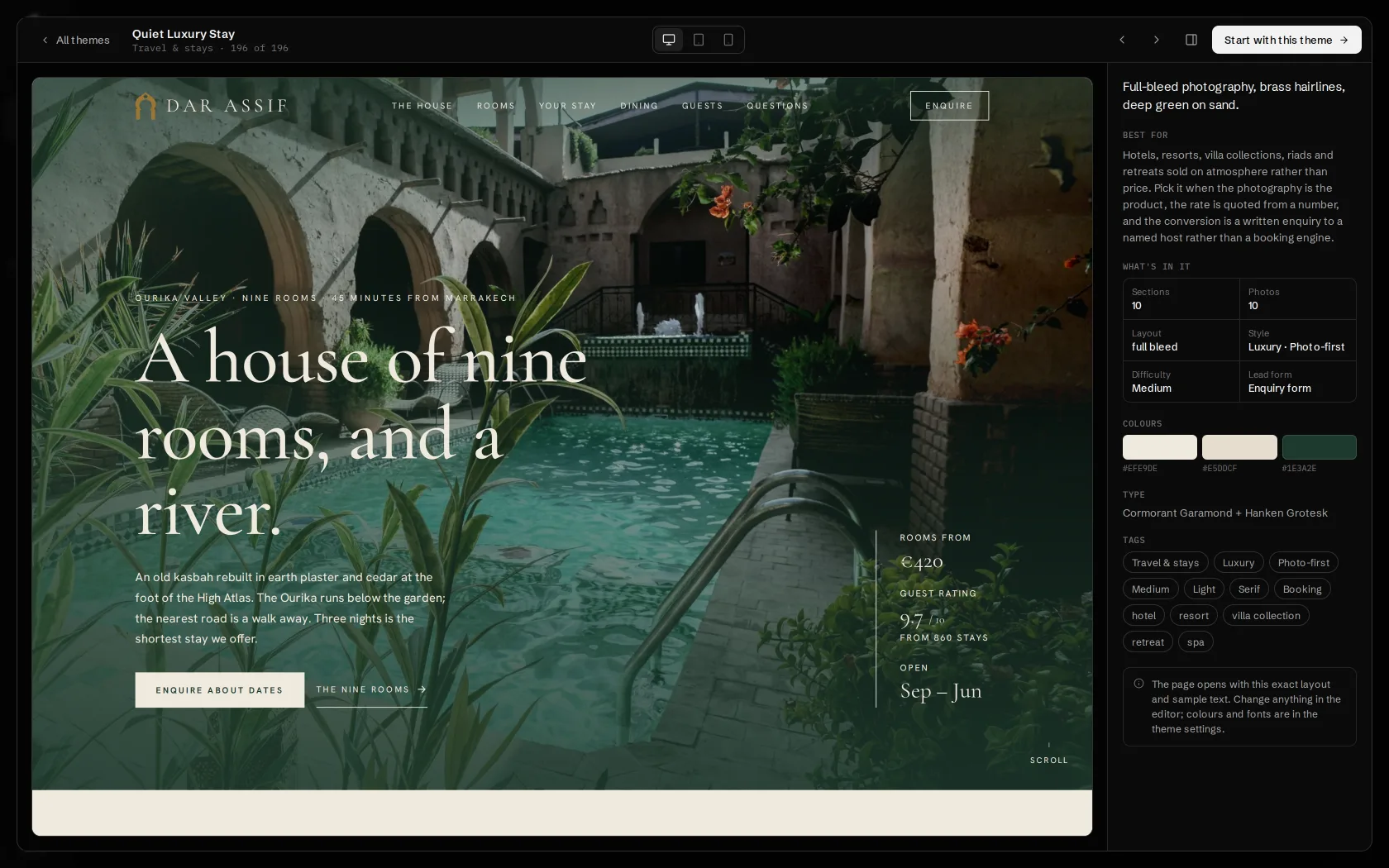 The theme library, previewing a template full size